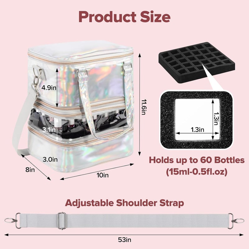 BELOVING Nail Polish Organizer Case, 3 Layers Removable Nail Polish Storage Bag Holds 60 Bottles and Nail Lamp with Shoulder Strap Portable Holographic PU Leather Nail Kit Storage for Manicure Tools (Silver) - Image 5